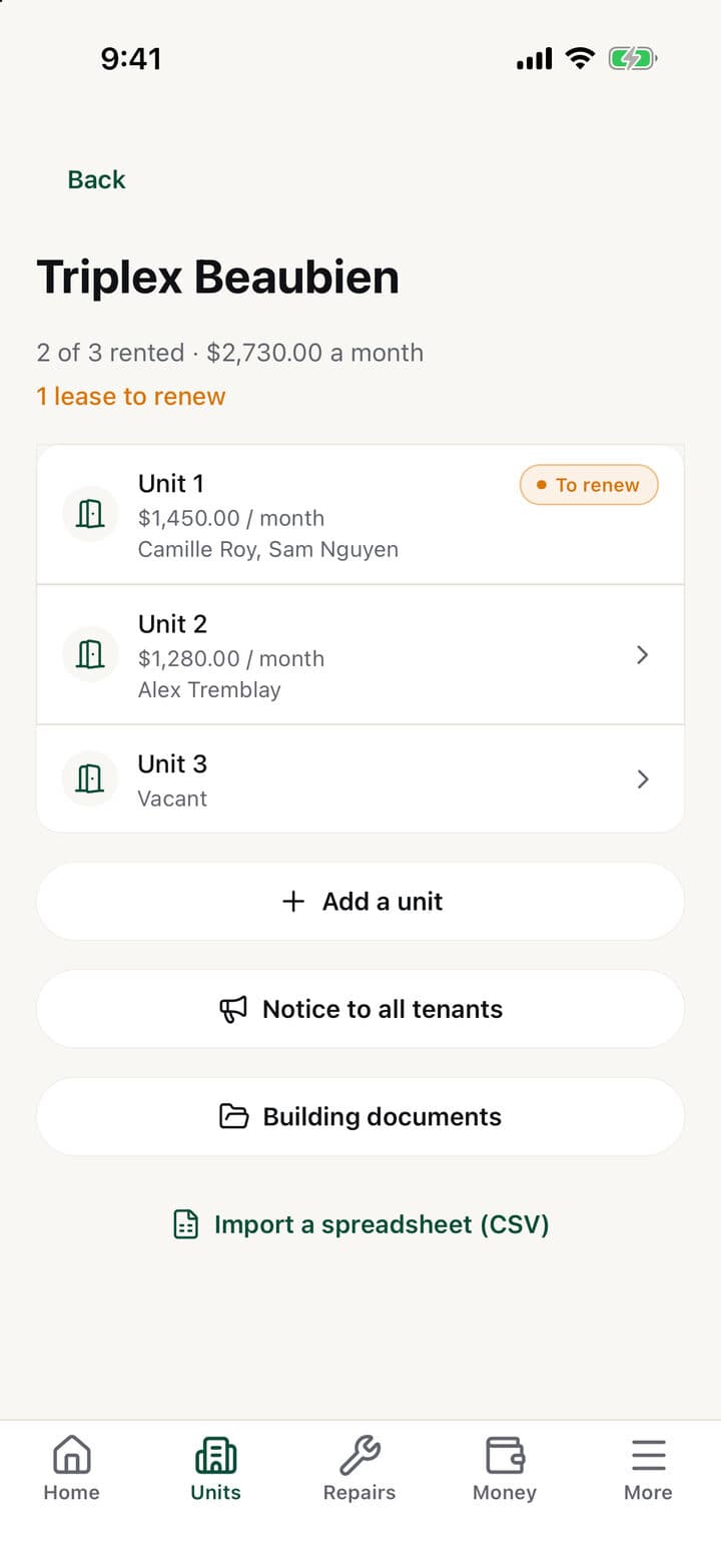 A screen of the app with example data: a triplex, its three units and their rent