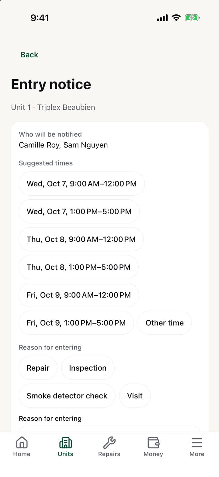 Entry notices, with proof of delivery (Example)